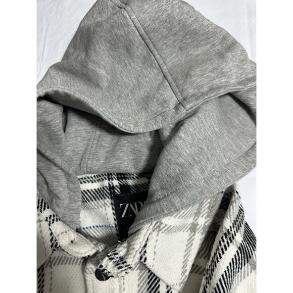 Zara Men's Plaid Shacket Button Up Hooded Shirt Jacket Cream Gray Black size L - Picture 10 of 12